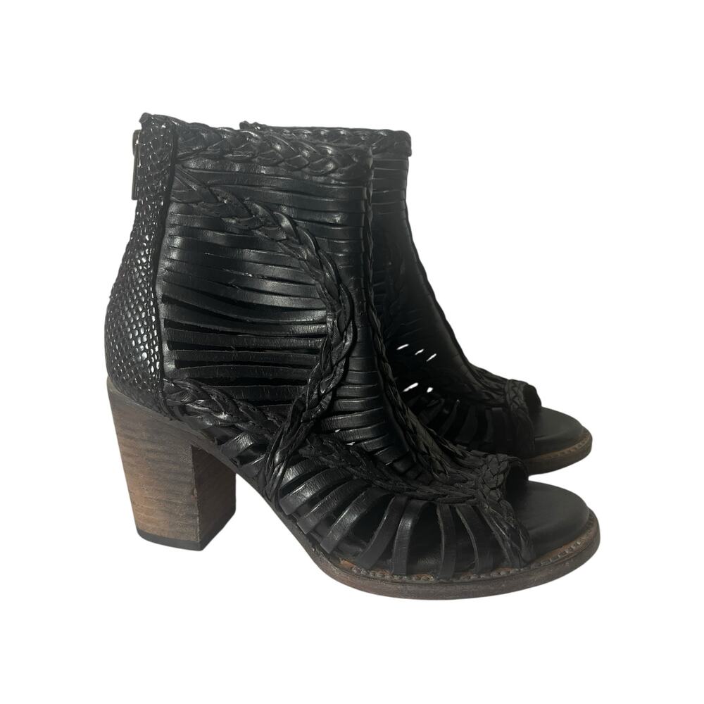 Freebird Bela Black Leather Peep Toe Heeled Sandals Size 7 - Picture 2 of 15